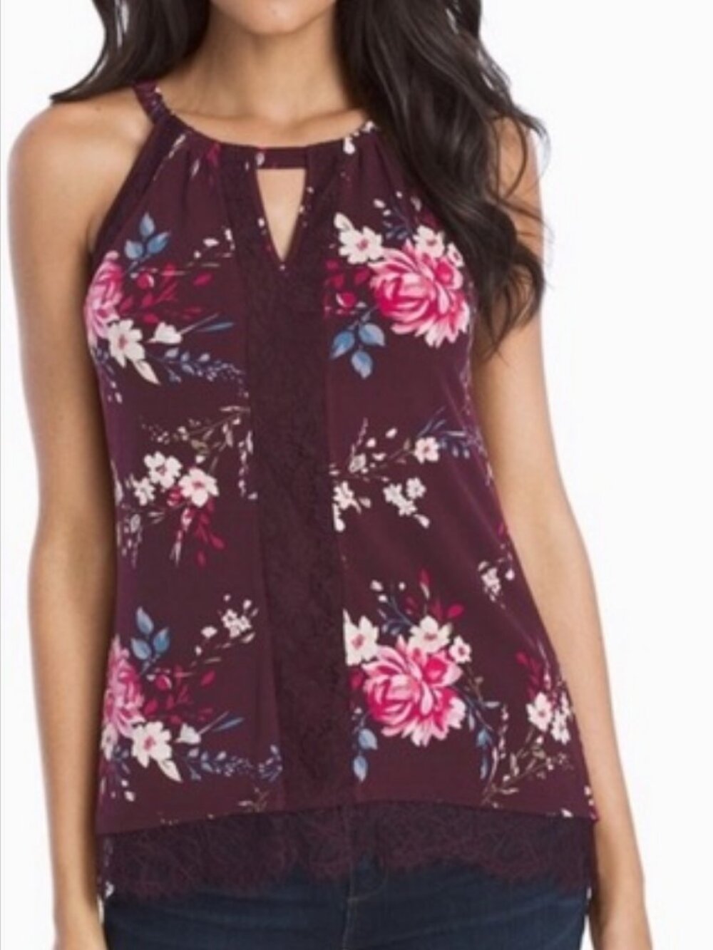 WHBM Floral Print Lace Trim Maroon Tank, Size Large